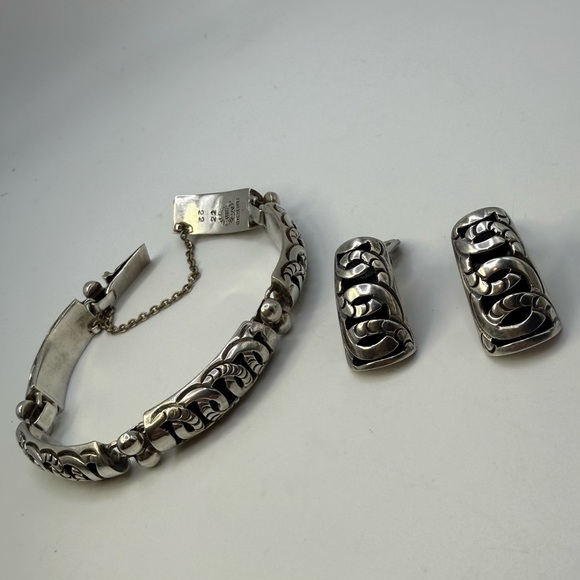 Jewelry - Vintage Taxco Mexico Sterling Silver Bracelet & Earring Set 33.28g 7.5”